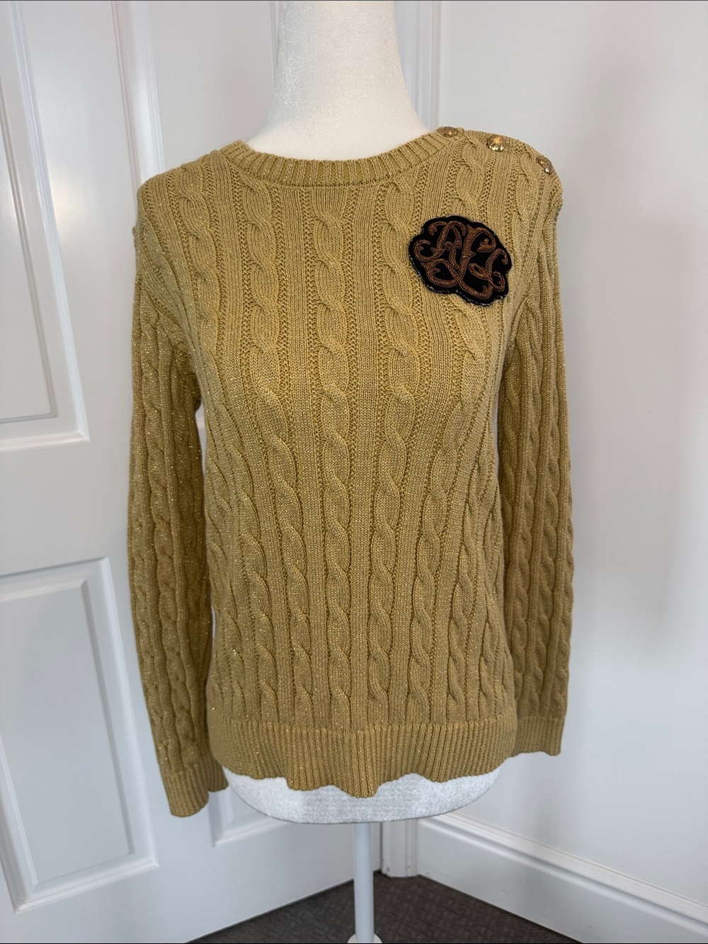 Lauren Ralph Lauren Cable Knit Crewneck Sweater in Tan with Embroidered Crest